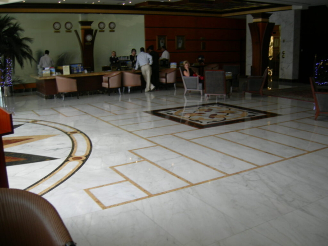 New Evan Hotel, Sharjah, (2008). Client Mr. Mohamed bin Jasim Al Midfa. Design Horizon and Main Contractor Al Midfa Construction. Materials used: Branco Estremoz, Cremo Delicato, King Gold, Rosa Aurora, Red Alicante, Dark Emprador, Red Onyx (8,100m2)