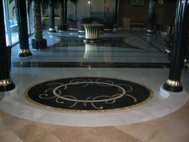 Evan Hotel, Sharjah, (2004). Client Mr. Mohamed bin Jasim Al Midfa. Design Horizon and Main Contractor Al Midfa Construction. Materials used: Antique Rustic Tiles, Botticino Classico, Absolute Black, Desert Beige, Yellow Sienna, Cremo Delicato, Green Maritaka, Red Dragon